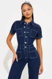 Fashion Denim Short Sleeve Wide Leg Jumpsuit LX-6042