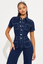 Fashion Denim Short Sleeve Wide Leg Jumpsuit LX-6042