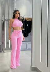 Solid Colo Halterneck Top And Pants 2 Piece Set GBGF-5061