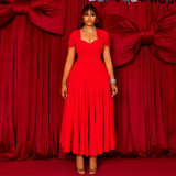 Plus Size Short Sleeve Pleated Solid Maxi Dress NNWF-8072