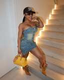 Off Shoulder Single-breasted Button Denim Skirt Suit YMEF-52085