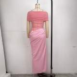 One Shoudler Pleated Solid Color Maxi Dress GPBY-17166