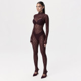 Lace Hollow Out Mesh Socking Zipper Jumpsuit MXBF-Y24JP659-BK