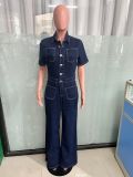 Fashion Denim Short Sleeve Wide Leg Jumpsuit LX-6042
