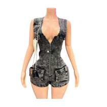 Sleeveless Zipper Denim Romper MEM-88629