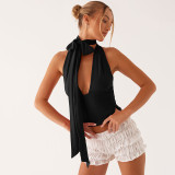 Solid Color Deep V Neck Tie Up Tops GPBY-17158