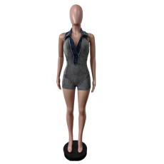 Lapel Sleeveless Denim Romper MEM-88630