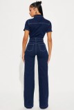 Fashion Denim Short Sleeve Wide Leg Jumpsuit LX-6042