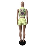 Sexy Print Ruffles Sleeveless Two Piece Short Set MEM-88632
