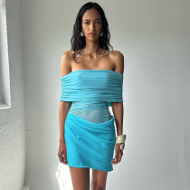 One Shoulder Mesh Hollow Out Pleated Mini Dress GPBY-17169