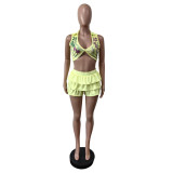 Sexy Print Ruffles Sleeveless Two Piece Short Set MEM-88632