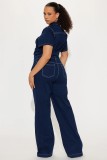 Fashion Denim Short Sleeve Wide Leg Jumpsuit LX-6042