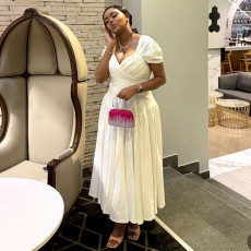 Plus Size Short Sleeve Pleated Solid Maxi Dress NNWF-8072