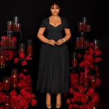 Plus Size Short Sleeve Pleated Solid Maxi Dress NNWF-8072