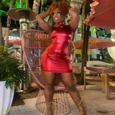 Hot Stamped Faux Leather Sleeveless Mini Dress GPBY-14356