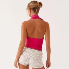 Solid Color Deep V Neck Tie Up Tops GPBY-17158