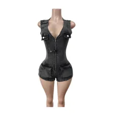 Sleeveless Zipper Denim Romper MEM-88629