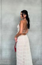 Off Shoulder Halterneck Lace Pleated Long Skirt Suit GLYK-LX005