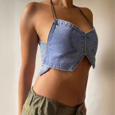 Wrap Chest Halterneck Denim Tank Top GLYK-LX008