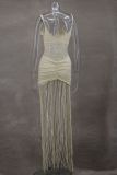 Sexy Mesh Pleated Tassel Sling Maxi Dress GLYK-LX0110