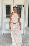 Off Shoulder Halterneck Lace Pleated Long Skirt Suit GLYK-LX005