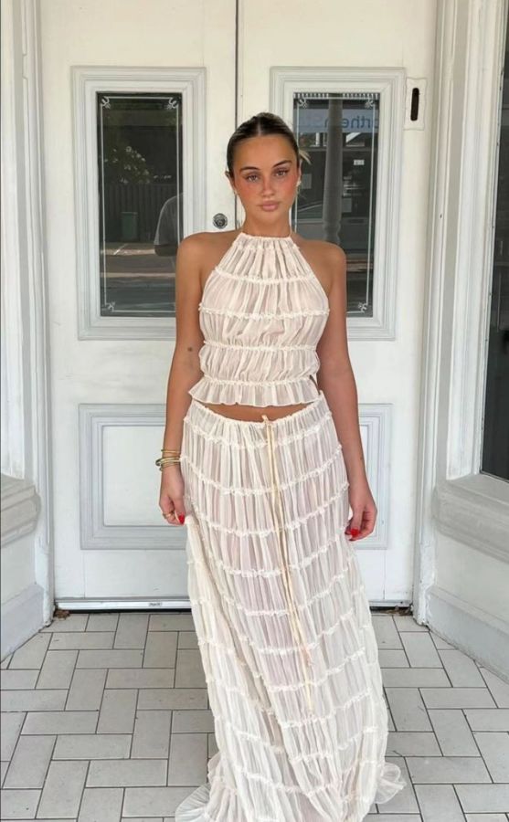 Off Shoulder Halterneck Lace Pleated Long Skirt Suit GLYK-LX005