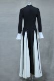 Black White Contast Color Ruffles Sleeve Maxi Dress GLYK-LX0105