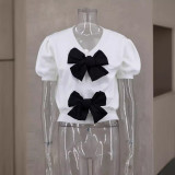 V-Neck Short Sleeve Double Bow Solid Sweater GLYK-LX045