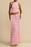 Off Shoulder Halterneck Lace Pleated Long Skirt Suit GLYK-LX005