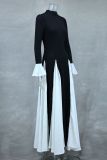 Black White Contast Color Ruffles Sleeve Maxi Dress GLYK-LX0105