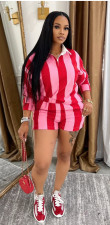 Stripe Lapel Tops Shorts Two Piece Set QOUY-M6056