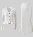 Ruffles V Neck Little Fishtail Skirt Two Piece Set GLYK-LX0100