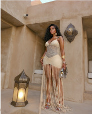 Sexy Mesh Pleated Tassel Sling Maxi Dress GLYK-LX0110