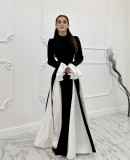 Black White Contast Color Ruffles Sleeve Maxi Dress GLYK-LX0105