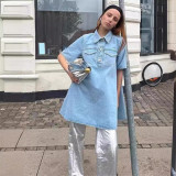 Washed Short Sleeve Denim Loose Mini Dress GLYK-LX053