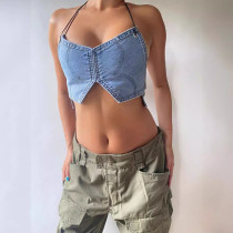 Wrap Chest Halterneck Denim Tank Top GLYK-LX008
