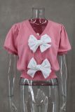 V-Neck Short Sleeve Double Bow Solid Sweater GLYK-LX045