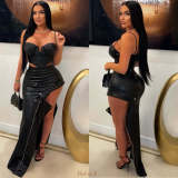 PU Leather Metal Zipper Sexy Split Half-body Skirt YNSF-2679