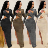 Long Sleeve Hollow Out Split Maxi Dress BY-5550