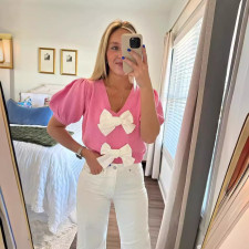 V-Neck Short Sleeve Double Bow Solid Sweater GLYK-LX045