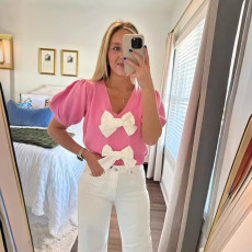 V-Neck Short Sleeve Double Bow Solid Sweater GLYK-LX045