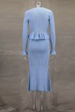 Ruffles V Neck Little Fishtail Skirt Two Piece Set GLYK-LX0100