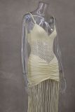 Sexy Mesh Pleated Tassel Sling Maxi Dress GLYK-LX0110