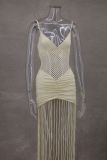 Sexy Mesh Pleated Tassel Sling Maxi Dress GLYK-LX0110