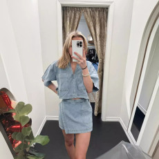 POLO Short Sleeve Shirt Skirt Denim 2 Piece Set GLYK-LX044