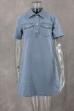 Washed Short Sleeve Denim Loose Mini Dress GLYK-LX053