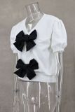 V-Neck Short Sleeve Double Bow Solid Sweater GLYK-LX045