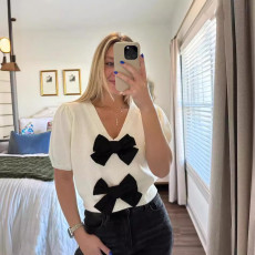 V-Neck Short Sleeve Double Bow Solid Sweater GLYK-LX045