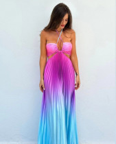 Gradient Color Halterneck Pleated Maxi Dress GLYK-LX078