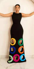 Sleeveless Color Block Hollow Out Embroidery Maxi Dress GLYK-LX064